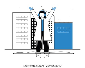 Trendy woman clothes coat, hand gloves and earplug raise hands, enjoying winter season. Design character. Vector flat illustration