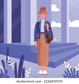 Trendy woman concept. Young girl with bag stands in front of building. City dweller, aesthetics and elegance. Fashion, trend and style. Poster or banner for website. Cartoon flat vector illustration