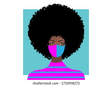 trendy woman with curly hair wearing stylish surgical mask. Vector Illustration isolated on white background 