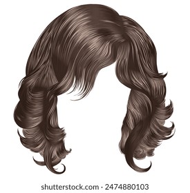 trendy  woman curly hairs brown color . 
medium length . beauty style .