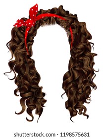 trendy woman curly  long  hair  with red bow. realistic  3d .  hairstyle  brown. fashion beauty style .