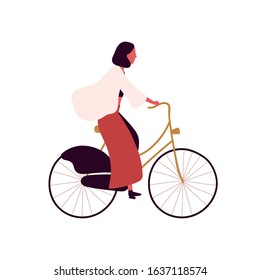 Trendy woman cyclist vector flat illustration. Cartoon stylish girl riding on bike outdoor isolated on white background. Young happy female enjoying sports activity and healthy lifestyle