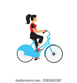 Trendy woman cyclist vector flat illustration. Cartoon stylish girl riding on bike outdoor isolated on white background. Young happy female enjoying sports activity and healthy lifestyle