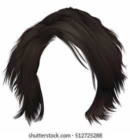 trendy  woman disheveled hairs care with fringe  . dark  brown brunette  color . medium length . beauty style . realistic  3d .