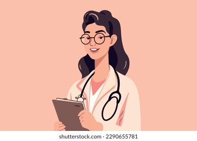 trendy woman doctor holds a medical record and smile on a light pink background, vector flat illustration, Medical concept, Health сare сoncept