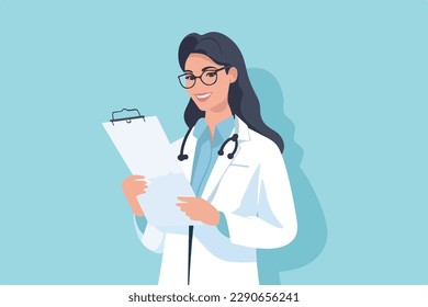 Una doctora de moda sostiene un registro médico y sonríe con un fondo azul claro, ilustración vectorial plana, concepto médico, с de salud son с concepto