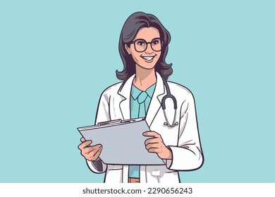 Una doctora de moda sostiene un registro médico y sonríe con un fondo azul claro, ilustración vectorial plana, concepto médico, с de salud son с concepto