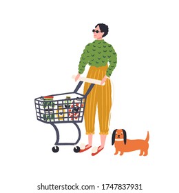 Trendy woman and dog with shopping trolley full of products vector flat illustration. Stylish hand drawn female buyer with basket carry food isolated on white. Customer during purchasing