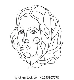 Trendy woman face in line with a branch of leaves. Vector fashion illustration. Elegant female portrait for natural cosmetics logo, social media history, poster decoration and design.