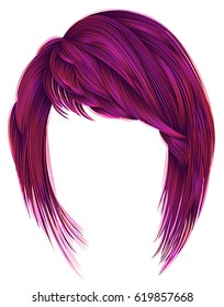 trendy  woman  hairs bright pink color. kare with bangs.
 medium length .fashion beauty style .

