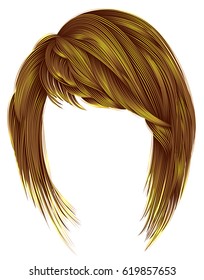 trendy  woman  hairs bright yellow color. kare with bangs.
 medium length .fashion beauty style .