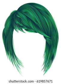 
trendy  woman  hairs green colors. kare with bangs.
 medium length .fashion beauty style .