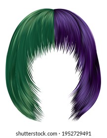 trendy woman hairs purple and green colors . kare with fringe .
 beauty fashion. realistic  3d .coloring.