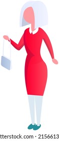 Trendy woman holding clutch bag. Stylish young lady in elegant dress standing with handbag. Female character in fashionable apparel, clothing. Girl in heels and red dress with fashion accessory