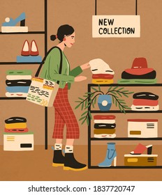 Trendy woman at mass market shop. Female character choosing clothes from new collection at boutique. Consumer shopping at fashion store. Flat vector cartoon illustration.