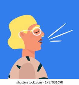 Trendy woman with piercings and glasses gives a speech. Funny vector flat cartoon character for cover, podcast, flyer, magazine or poster.