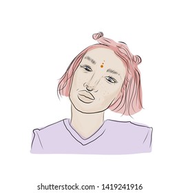Trendy woman portrait in ethnic style, pink hair. Hand drawn fashion illustration. 