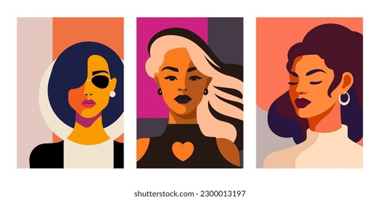 Trendy woman portrait pop art pastel paint color abstract geometric minimal poster set vector flat illustration. Fashion strong female artwork concept feminism equality girl power contemporary figure