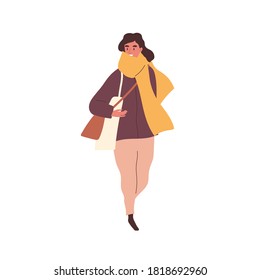 Trendy woman in scarf carrying bags walking outdoor vector flat illustration. Female with shopping bag going on street isolated on white. Stylish person in seasonal autumn outfit holding purchase
