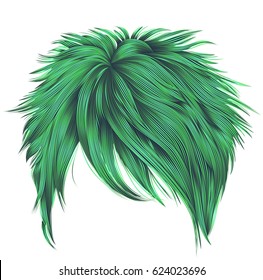 trendy woman short hair with green color. fringe . 
fashion beauty style. realistic  3d.