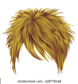 trendy woman short  hairs bright yellow colors. fringe. fashion beauty style. realistic  3d .