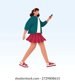 A trendy woman walking while checking her smartphone, designed in textured flat style. Perfect for social media concepts, technology blogs, lifestyle apps, and digital marketing visuals.
