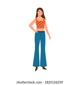 Trendy woman wearing flared denim jeans and top vector flat illustration. Stylish person demonstrate fashion street style of 2000s isolated on white. Adorable fashionable female in casual apparel