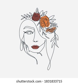 Trendy woman's face in one line art style for fashion prints, posters, cards etc. Continuous art modern design with wreath and flowers.Vector illustration in golden hour colors