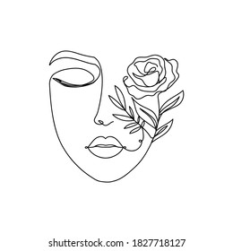 Trendy woman's face silhouette in one line art style. Continuous art modern design with closed eyes,lips and flowers on the one part of the face isolated on white background.Vector illustration print