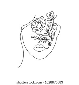 Trendy woman's face silhouette in one line art style for fashion prints, tattoos, posters, cards etc. Continuous art face and flowers design isolated on white background.Vector illustration