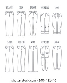 Trendy women jeans styles collection. Vector flat thin line icons of modern denim pants for fashionable girl. Outline illustration of trousers isolated on white. Infographic elements