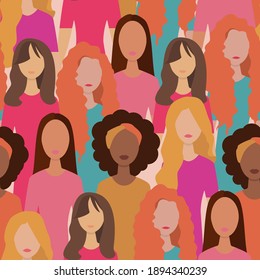 Trendy women vector illustration. Female characters, flat design. Women support and follow women. Variety of nationalities, hairstyles.Women pattern femenism bodypositive different nationalities