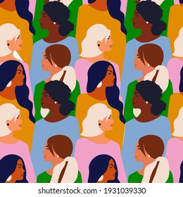 Trendy women vector illustration. Female characters, flat design. Women support and follow women. Variety of nationalities, hairstyles.Women pattern femenism bodypositive different nationalities