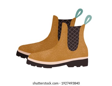 Trendy women's ankle-length chelsea boots with flat sole, loop and elastic fabric tab. Side view of modern fashion footwear. Colored vector illustration of stylish shoes isolated on white background