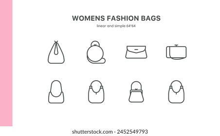 Conjunto de iconos de bolso de las mujeres de moda: Desde el Essentials diurno a la elegancia de la noche. Incluye embragues, hobos, carteras, baúles y baguettes de moda. Colección de Vector lineal editable perfecta para la moda.