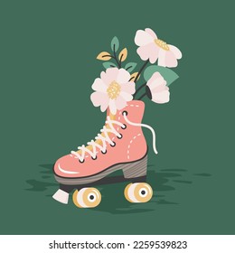 Trendy Women's day greeting card. Pink Roller skates with colorful bouquet of wildflowers inside. Hand drawn templates for March 8, birthday, Mother's day. Vector flat cartoon illustration