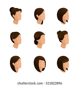 Trendy women's hairstyles Isometric isolated and a white background. Laying, hair style, hair color. Stylish modern young woman businessmen, high quality work. Vector illustration.