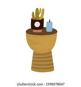 Trendy wooden drum coffee table with potted plant and candle. Modern furniture for living room design and interior decoration. Flat vector illustration isolated on white background