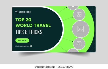 Trendy world travel tips and tricks video thumbnail banner design, daily travel techniques video cover banner design, fully customizable vector eps 10 file format