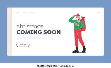 Trendy Xmas Father Noel Landing Page Template. Stylish Santa Claus Christmas Character Wear Hipster Clothes with Red Sack Search the Way on Smartphone Application. Cartoon People Vector Illustration