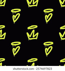 Trendy Y2K acid graffiti seamless pattern. Neon yellow crowns and hearts with halos on a black background. Perfect for streetwear, urban design, digital wallpapers, and edgy creative projects.