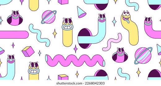 Trendy Y2K acid seamless pattern with worm and snakes and abstract shapes. Nostalgia for 90s-2000s. Vector illustration.