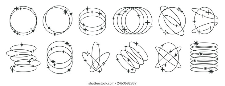 Formas estéticas y2k de moda. Contorno de Formas y2k, figuras minimalistas con estrellas y destellos, marcos de diseño geométrico conjunto de Ilustración vectorial plana. Abstractas marcos modernos y2k