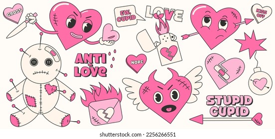 Trendy y2k anti valentines day stickers set. 2000s anti love conception. Cartoon characters. Trendy neon pink 