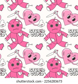 Trendy y2k anti valentines day seamless pattern. 2000s anti love conception. Vodoo doll and heart. Cartoon characters. 