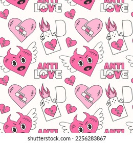 Trendy y2k anti valentines day seamless pattern. 2000s anti love conception. Cartoon characters. Neon pink