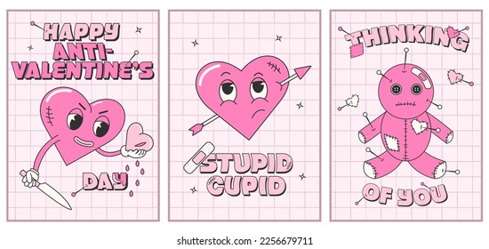 Trendy y2k anti valentines day card, poster set. 2000s anti valentines day conception. Cartoon characters.