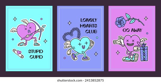 Trendy y2k anti valentines day greeting cards set. 2000s anti love 4a banners with vintage cartoon lonely hearts characters. Trendy neon vector illustration with funny text.