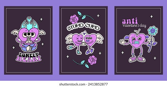 Trendy y2k anti valentines day a4 posters set with heart cupids mascots. 2000s anti valentines day greeting cards concept. Retro Cartoon characters in groovy style. Hand drawn vector illustration.