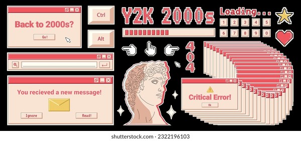 Trendy Y2K banner with retro computer windows, greek sculpture, pixel shapes and text, design elements set in 2000s aesthetic.
